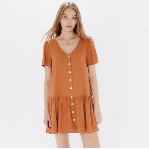 Urban Outfitters Women's Mini Dress Houston Drop Waist Button Linen size M - Picture 1 of 8